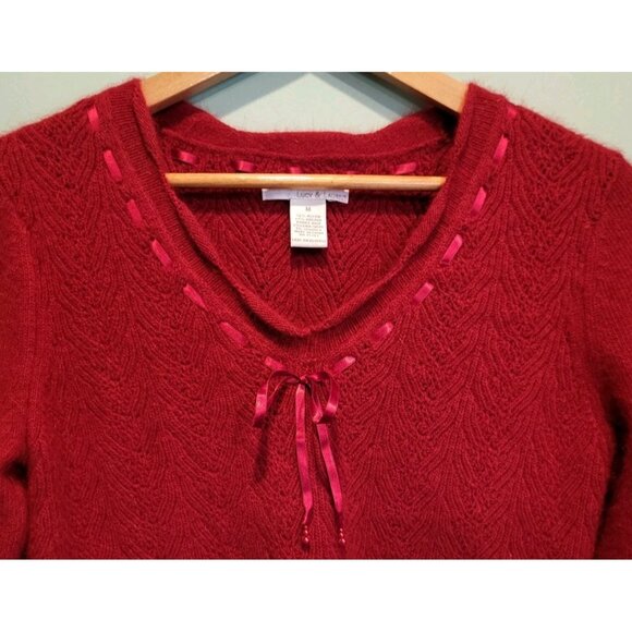Red Angora Lambswool Blend V Neck Bow Sweater Holiday Lucy And Laurel Sz M - Picture 2 of 6